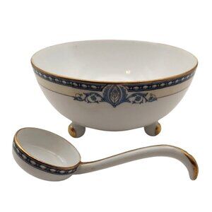 Noritake China Porcelain Azure Pattern 3-Footed Bowl & Ladle Spoon Japan 1930s